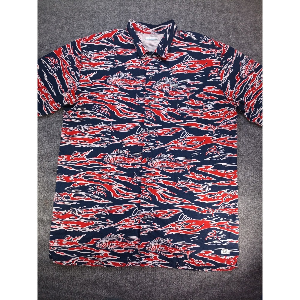 Columbia PFG Shirt Mens XL Fish Print Red White Blue Fishing Button Up